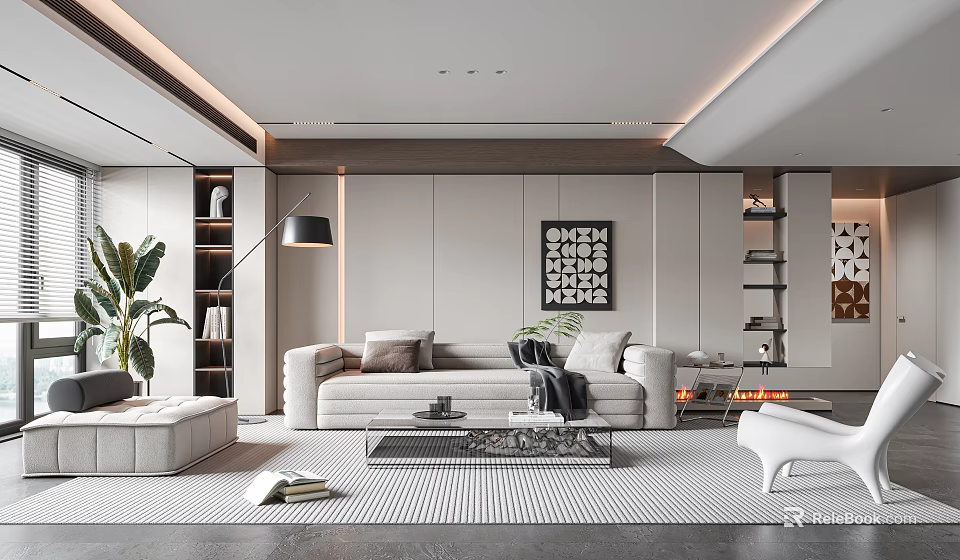 Modern Living Room Interior With Beige Sofa Coffee Table Light Gray Rug And Decorative Artwork 3d model 