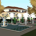 Two Story Classical Hotel Building With Red Roof White Exterior Balcony And Green Plants