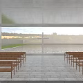Religious Sanctuary Interior With Wooden Benches Viewing Cross Over Trees And Water