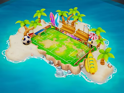 Cartoon Island Scene With Soccer Field Palm Trees Surfboards Banana Boat Umbrella And Soccer Ball 3d model