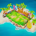 Cartoon Island Scene With Soccer Field Palm Trees Surfboards Banana Boat Umbrella And Soccer Ball