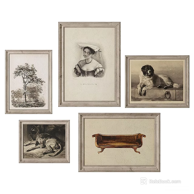 Photo Wall With Framed Artworks Including Portrait Tree Dog And Furniture 3d model 