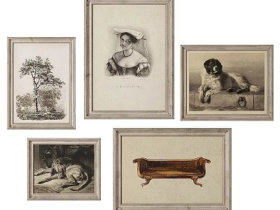 Photo Wall With Framed Artworks Including Portrait Tree Dog And Furniture 3d model