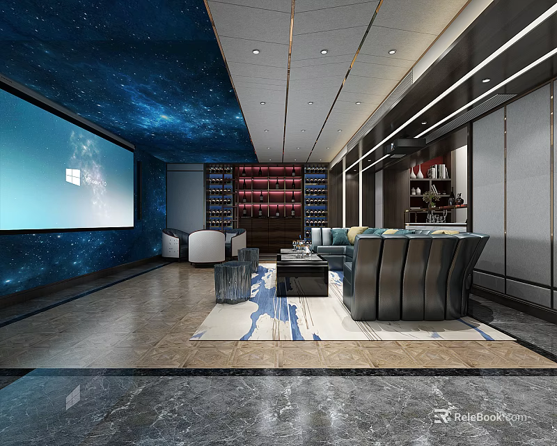 Modern Home Theater Interior With Starry Sky Ceiling Large Screen Seating And Marble Flooring 3d model