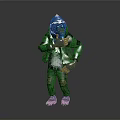 Game Movie Character In Green Outfit With Helmet Patched Pants And Blue Gloves 3D Render