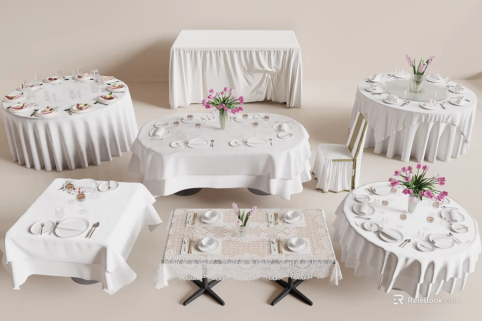 Elegantly Arranged Dining Tables with White Tablecloths Lace Details Tableware and Pink Flowers in Vases 3d model 
