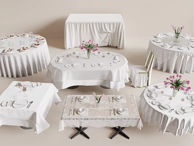 Elegantly Arranged Dining Tables with White Tablecloths Lace Details Tableware and Pink Flowers in Vases 3d model