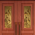 Red Wooden Double Doors With Golden Bird Patterns And Decorative Handles