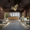 Elegant Teahouse Interior With Wooden Structure Hanging Lamps Green Plants And Comfortable Seating