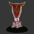 Red Shield Shaped Decorative Furniture Piece With Golden Decoration And White Tree Stump Base