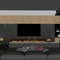 Modern Minimalist Living Room Interior With Gray Sofa Marble TV Wall Fireplace And Coffee Table Decorations