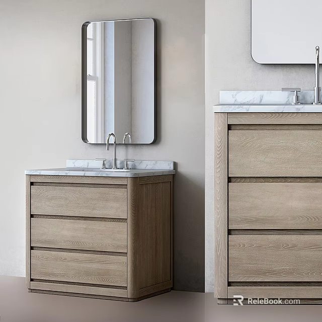 Modern Twin Bathroom Vanity Design With Marble Countertops Rectangular Mirrors And Wooden Cabinets 3d model 