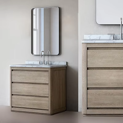 Modern Twin Bathroom Vanity Design With Marble Countertops Rectangular Mirrors And Wooden Cabinets 3d model