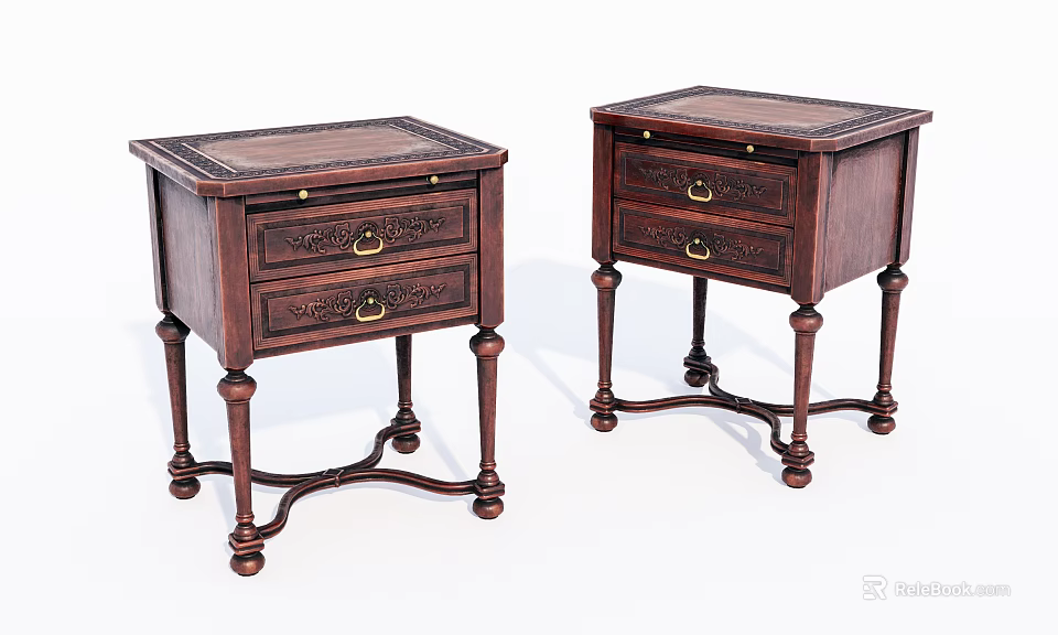 Vintage Pair of Solid Wood Bedside Tables with Carved Legs and Drawer Handles 3d model 