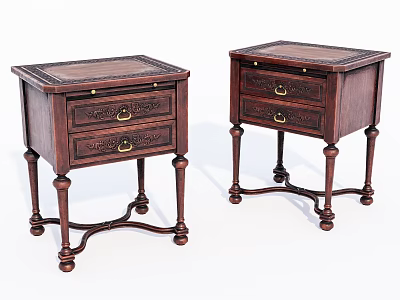 Vintage Pair of Solid Wood Bedside Tables with Carved Legs and Drawer Handles 3d model