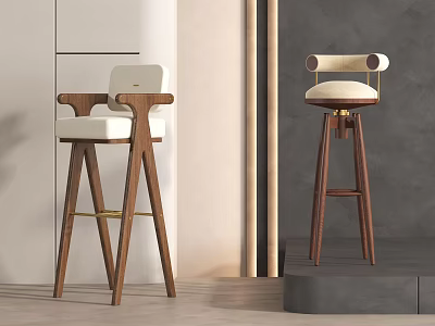 Modern Bar Stools With Wooden Frame White Upholstered Seat And Armrest Design 3d model