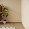 Wooden Desk With Bookshelf Books Laptop Table Lamp Upholstered Chair And Green Plant