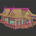 Cartoon Scene of Traditional Japanese Wooden Building With Curved Roofs Railings and Steps