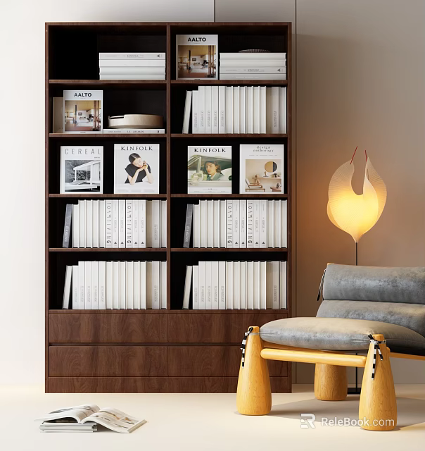 Stylish Wooden Bookshelf With Organized Books Decorative Prints And Floor Lamp 3d model 
