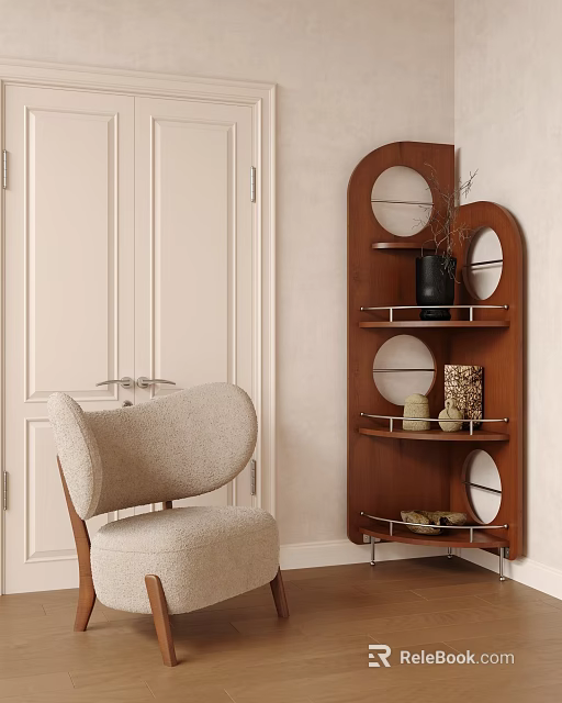 Modern Wooden Display Cabinet With Circular Cutouts And Decorative Vases On Shelves 3d model 