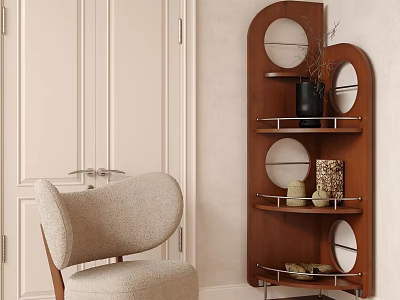 Modern Wooden Display Cabinet With Circular Cutouts And Decorative Vases On Shelves 3d model