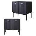 Modern Black Entryway Console Cabinet With Vertical Striped Design Round Handles And Slim Legs