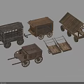 Ancient Wooden Carts Scene Components With Various Types And Classic Wheel Structures 3d model