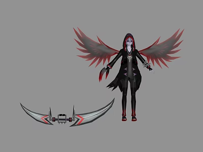 Game Movie Character With Red Black Wings Black Outfit Red Accents And Dual Blades Weapon 3d model