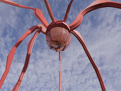 Red Sculpture With Long Curved Legs And Mesh Sphere Against Blue Sky 3d model