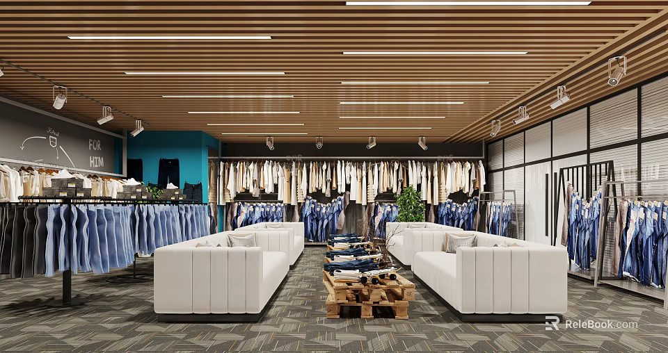 Modern Clothing Store Interior With Wooden Ceiling White Sofas And Clothing Displays 3d model 