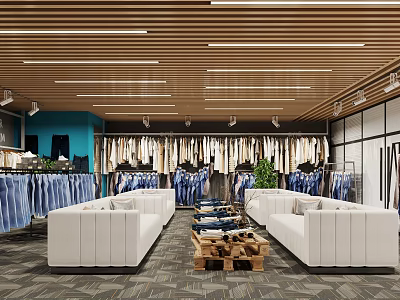 Modern Clothing Store Interior With Wooden Ceiling White Sofas And Clothing Displays 3d model