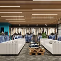Modern Clothing Store Interior With Wooden Ceiling White Sofas And Clothing Displays