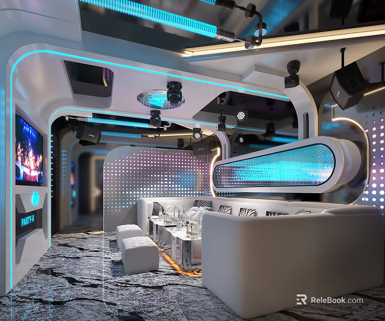 Modern KTV Interior Design With LED Lighting Sofa Seats And Large TV Screen 3d model 