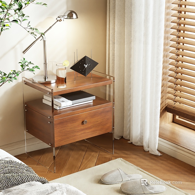 Wooden Bedside Table With Drawer Lamp Drink Glass Books And Decorative Object By Window 3d model 