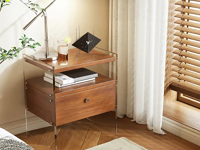 Wooden Bedside Table With Drawer Lamp Drink Glass Books And Decorative Object By Window 3d model