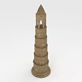 Detailed Classic Stone Tower Featuring Tiered Cylindrical Structure And Conical Top
