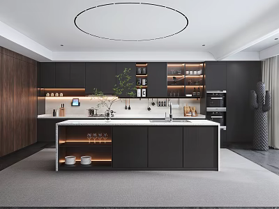 Modern Kitchen Interior With Dark Cabinets Marble Island Wooden Panels And Appliances 3d model