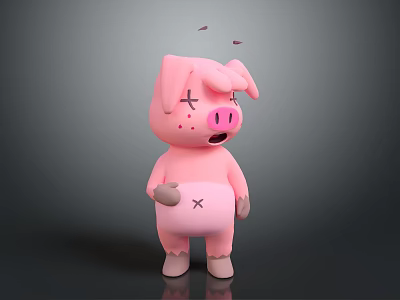 Pink 3D Cartoon Pig Game Movie Character With Sad Tired Expression X Mark On Belly 3d model