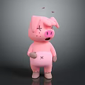 Pink 3D Cartoon Pig Game Movie Character With Sad Tired Expression X Mark On Belly