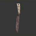 Decorative Handcrafted Knife With Patterned Red And Dark Blade And Ornate Carved Handle Design