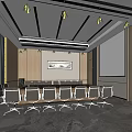Modern Conference Room Interior with Meeting Table Chairs Projector Screen Stylish Ceiling and Marble Floor