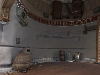 Indoor Dome Structure Interior With Wall Inscriptions Wooden Barrels Bottles And Wooden Floor 3d model