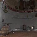 Indoor Dome Structure Interior With Wall Inscriptions Wooden Barrels Bottles And Wooden Floor