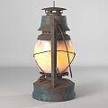Vintage Rustic Candle Lantern With Blue Metal Frame And Glowing Light 3d model