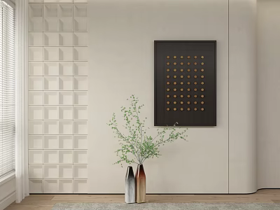 Geometric Textured Wall With Artwork Greenery And Vases 3d model