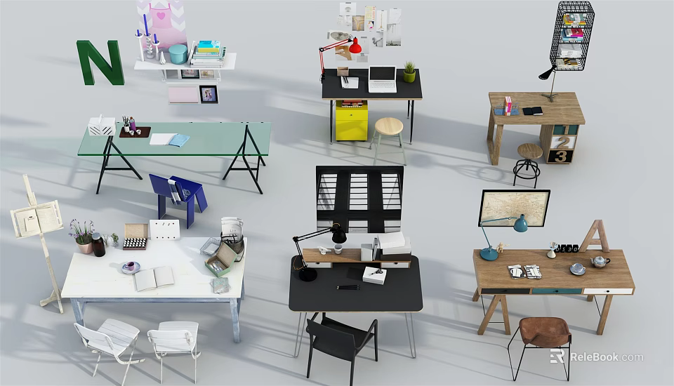 Modern Study Desks With Various Designs Lamps Chairs And Storage Solutions 3d model 