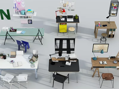 Modern Study Desks With Various Designs Lamps Chairs And Storage Solutions 3d model