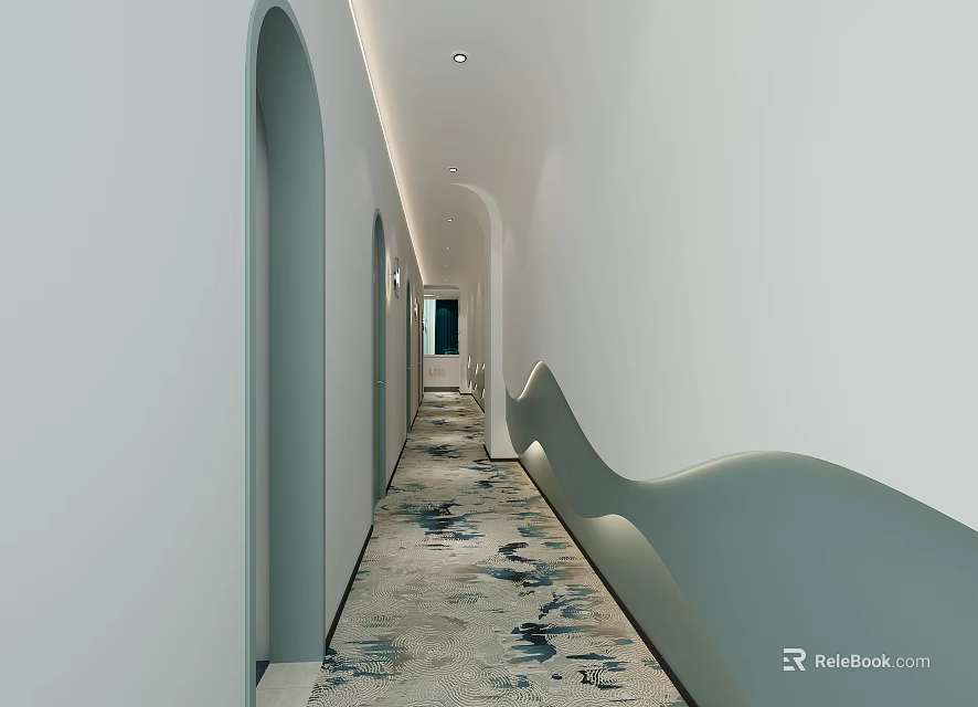 Modern Elevator Corridor With Arched Doorways Curved Decor And Patterned Carpet 3d model