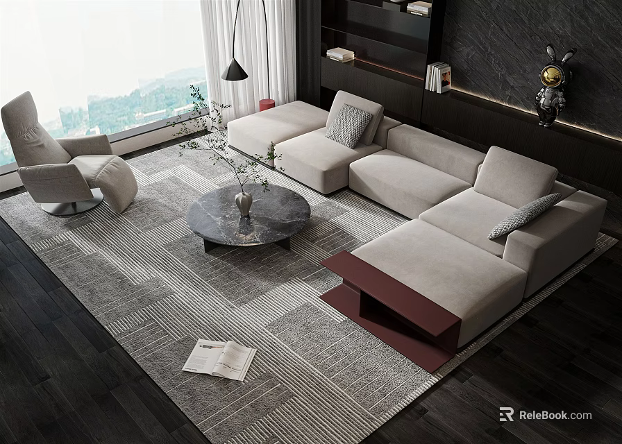 Elegant Modern Living Room Interior With Sectional Sofa And Round Coffee Table Set 3d model