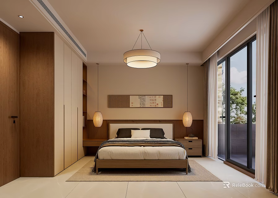 Modern Bedroom Interior With Wooden Wardrobes Pendant Light Bed Nightstands And Floor To Ceiling Windows 3d model 